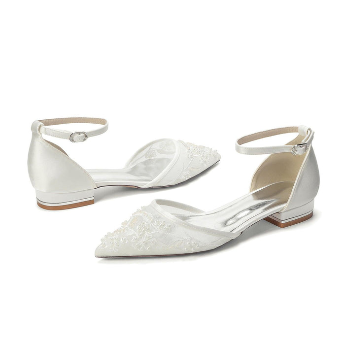 Lace Silk-Like Pearl Embroidered Mesh Flat Shoes CK0495
