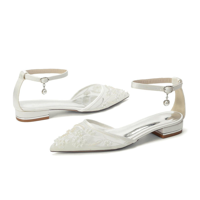 Lace Silk-Like Pearl Embroidered Mesh Flat Shoes CK0498