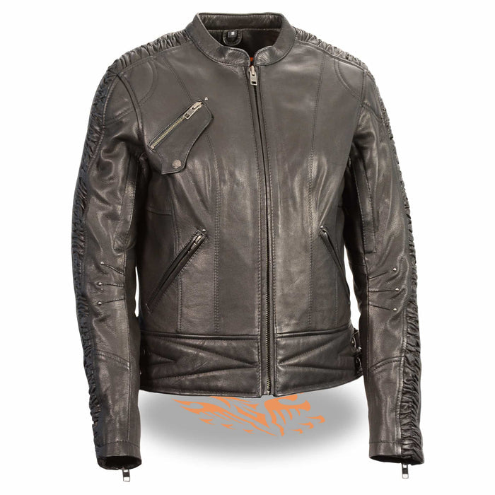 Ladies Crinkled Arm Leather Jacket: Features:

1