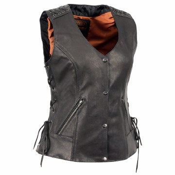 Ladies Front Snap Vest with Lace: Features:

Premium Goatskin Leather
Two Front Hand Pockets
Lace after Lace Side, Shoulder &