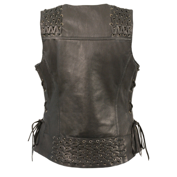 Ladies Front Snap Vest with Lace: Features:

Premium Goatskin Leather
Two Front Hand Pockets
Lace after Lace Side, Shoulder &