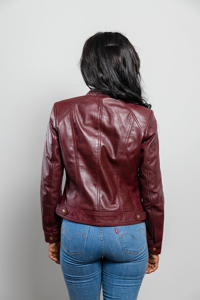 Favorite women's oxblood sheep leather jacket back view on model