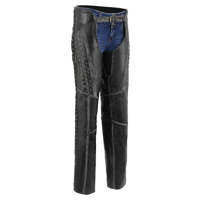 Ladies Lace and Grommet Chaps: Ladies Chaps With Lace &amp; Grommet, Distressed Grey  Lightweight Distressed Leather w/ Rubbe