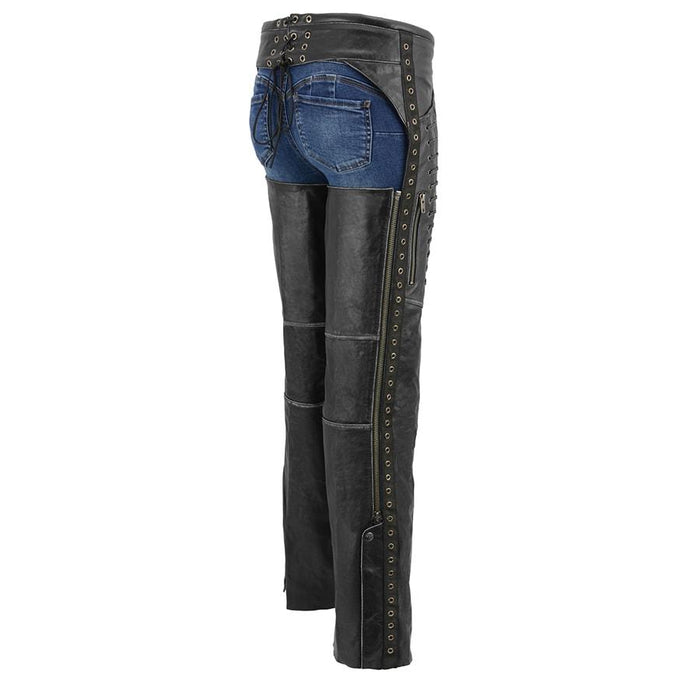 Ladies Lace and Grommet Chaps: Ladies Chaps With Lace &amp; Grommet, Distressed Grey  Lightweight Distressed Leather w/ Rubbe