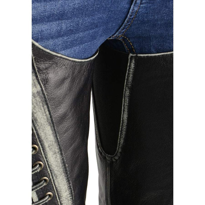 Ladies Lace and Grommet Chaps: Ladies Chaps With Lace &amp; Grommet, Distressed Grey  Lightweight Distressed Leather w/ Rubbe