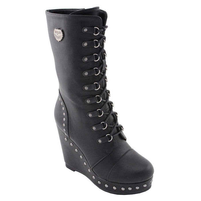 Ladies Lace Boot W/Platform: Description
Ladies lace-up platform boot with size zipper and rivet accents