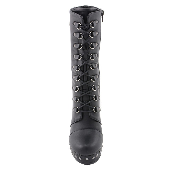 Ladies Lace Boot W/Platform: Description
Ladies lace-up platform boot with size zipper and rivet accents