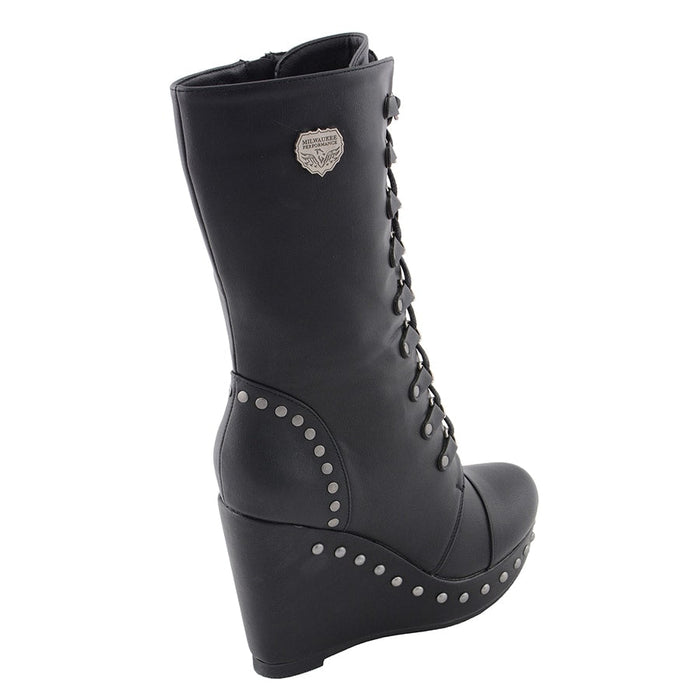 Ladies Lace Boot W/Platform: Description
Ladies lace-up platform boot with size zipper and rivet accents