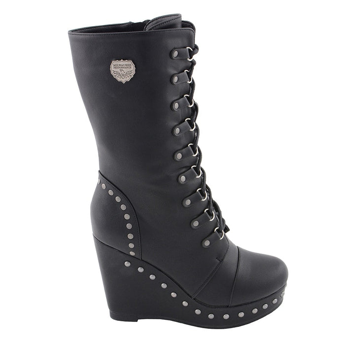 Ladies Lace Boot W/Platform: Description
Ladies lace-up platform boot with size zipper and rivet accents