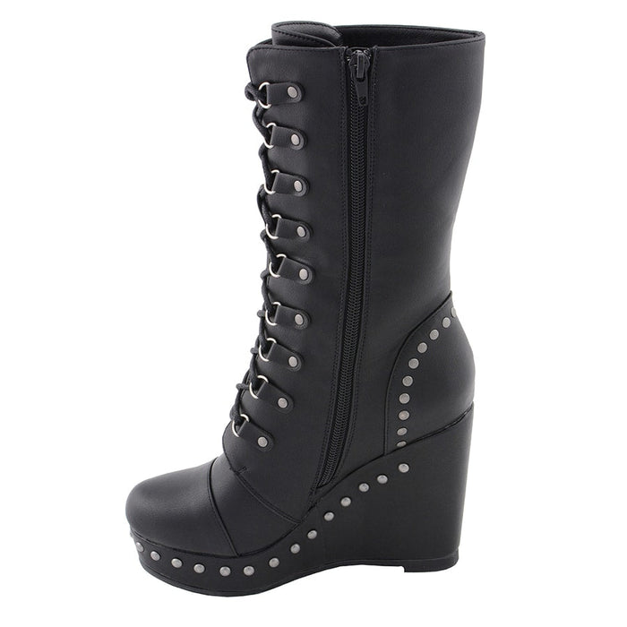 Ladies Lace Boot W/Platform: Description
Ladies lace-up platform boot with size zipper and rivet accents