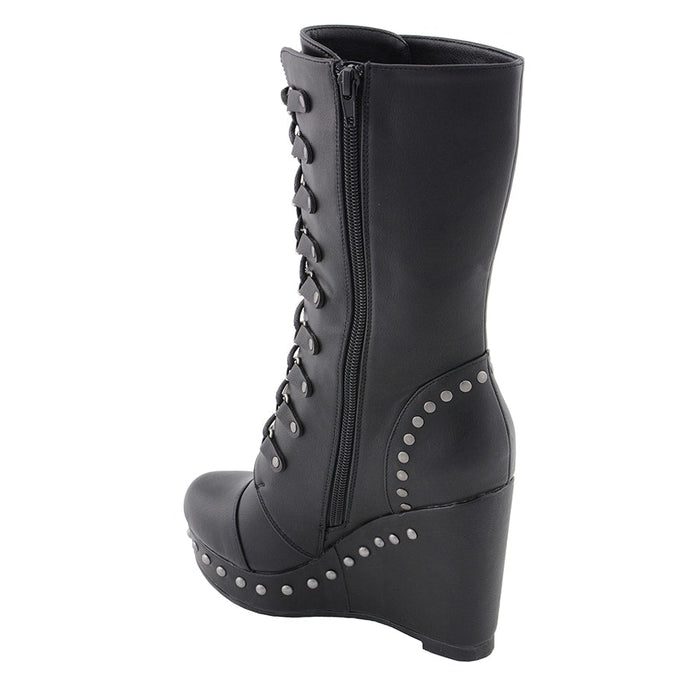 Ladies Lace Boot W/Platform: Description
Ladies lace-up platform boot with size zipper and rivet accents