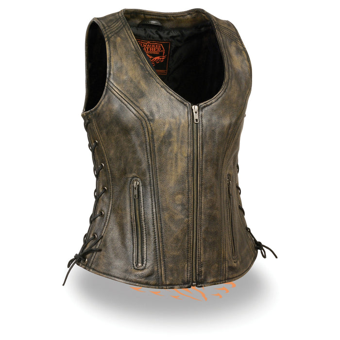 Ladies Open Neck Zip Up Vest with Side Laces: Features:

1