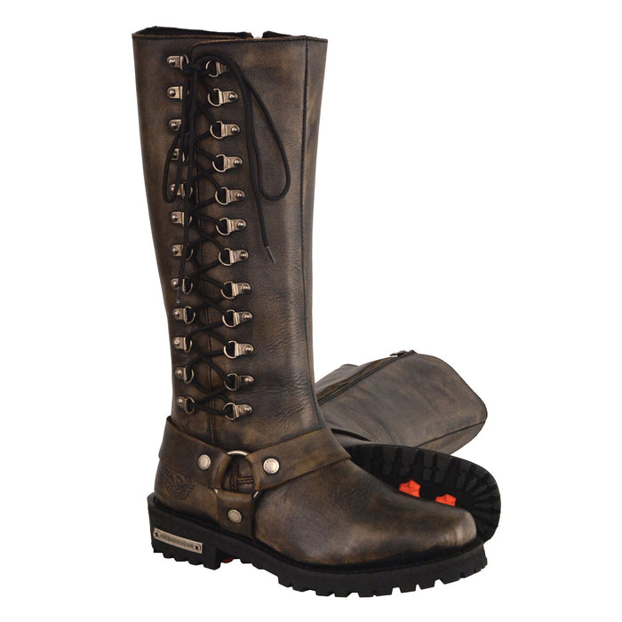 Ladies Tall Lace-up Boot  Distressed: Features:

Women’s Distressed Brown “14”Inch Classic Harness Square Toe Leather Boot w/