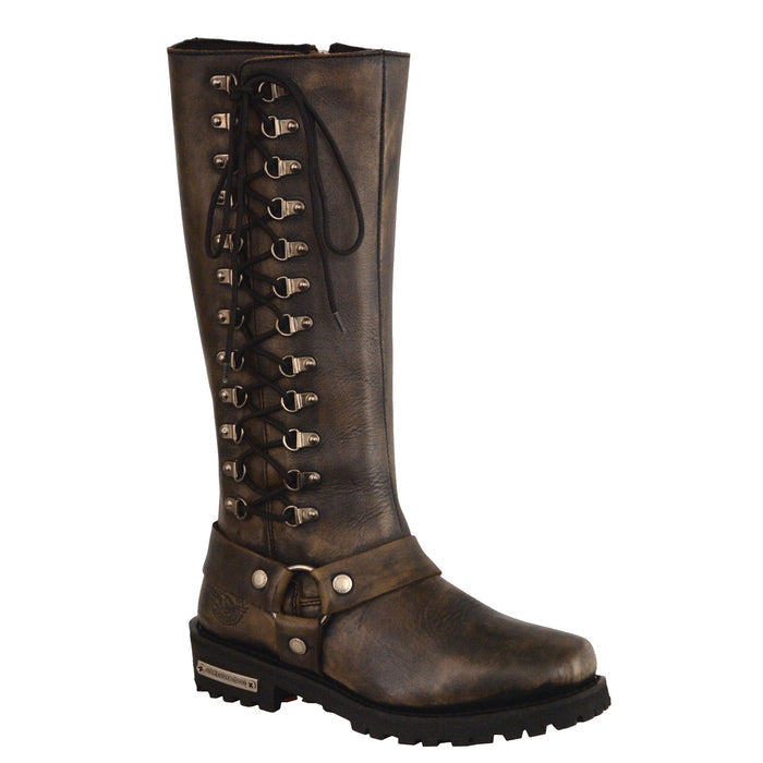 Ladies Tall Lace-up Boot  Distressed: Features:

Women’s Distressed Brown “14”Inch Classic Harness Square Toe Leather Boot w/