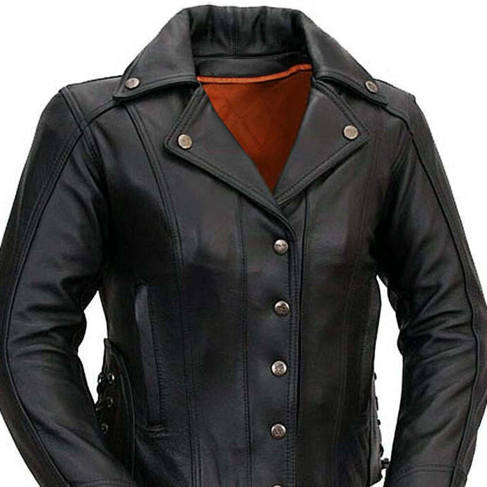 Ladies Updated M.C. leather jacket five snap front collar and liner detail