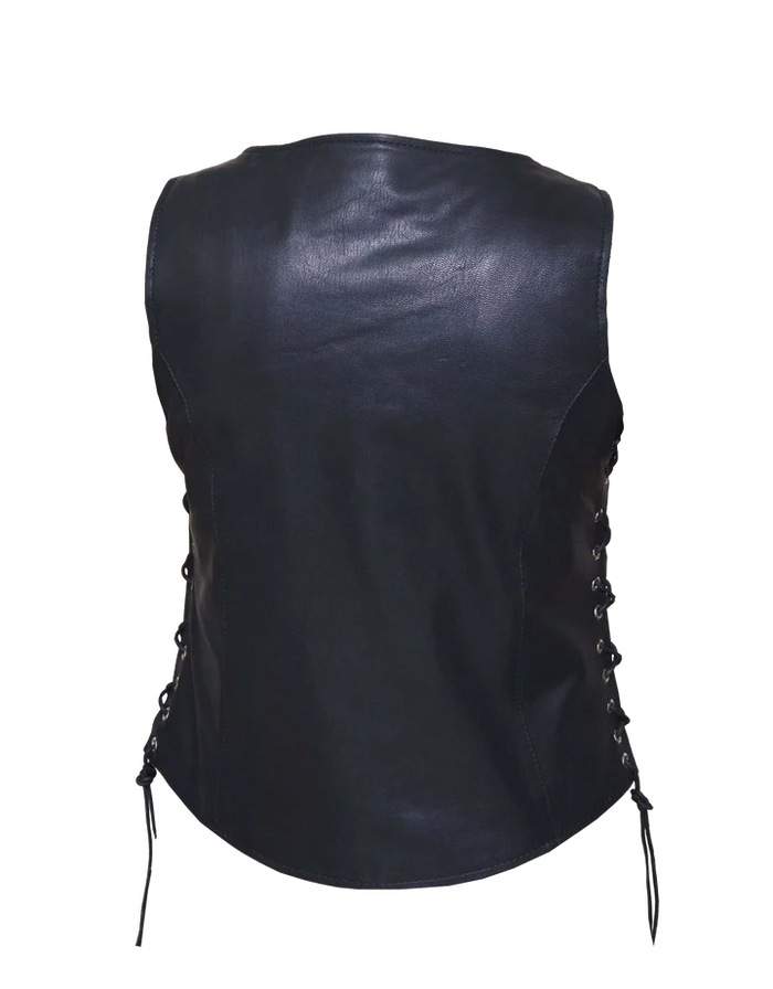 Ladies Vest W-Conc Gun Pocket: Features:

Soft Light weight premium leather vest
Silver hardware
2 exterior zippered pockets