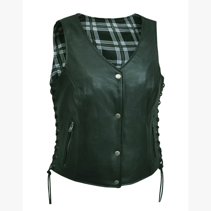 Ladies Vest WBK-WH-Plaid: Features:

Ladies Vest White and Black Plaid
Ladies Premium Leather Vest With Black Flannel Liner
I