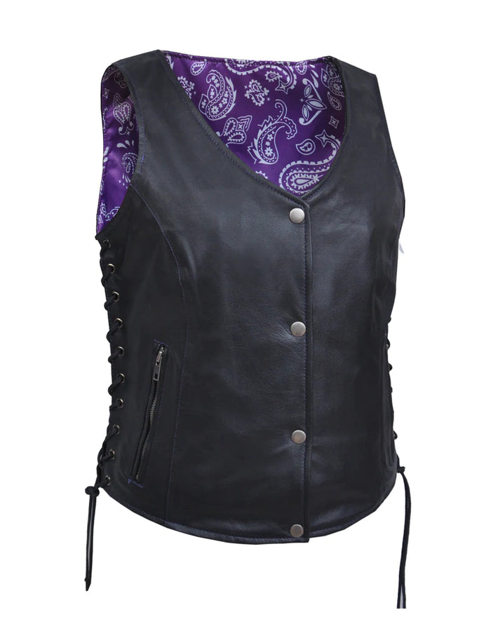 Ladies Vest W/Purple Paisley: Features:

Ladies Premium Leather Vest With Purple Paisley
With Purple Paisley Liner
In Goat Sk