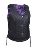 Ladies Vest W/Purple Paisley: Features:

Ladies Premium Leather Vest With Purple Paisley
With Purple Paisley Liner
In Goat Sk