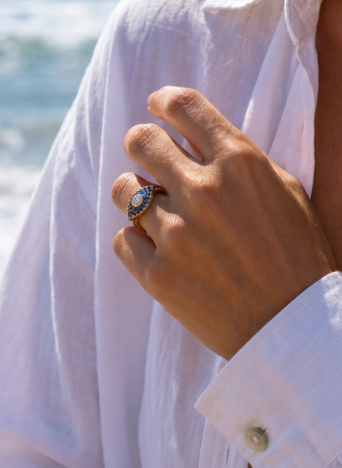 Rings ASTRA Large Oval Evil Eye Ring Gold-Navy-White O/S Apoella