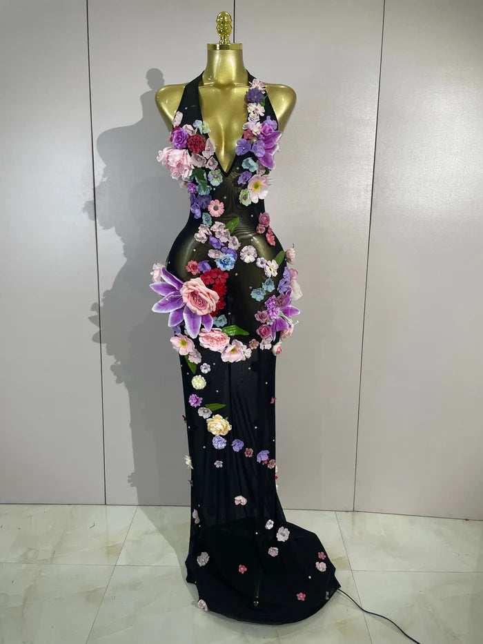 Lariza sexy halter mesh see-through long dress with sparkly diamond 3D flower detailing for evening gala styling