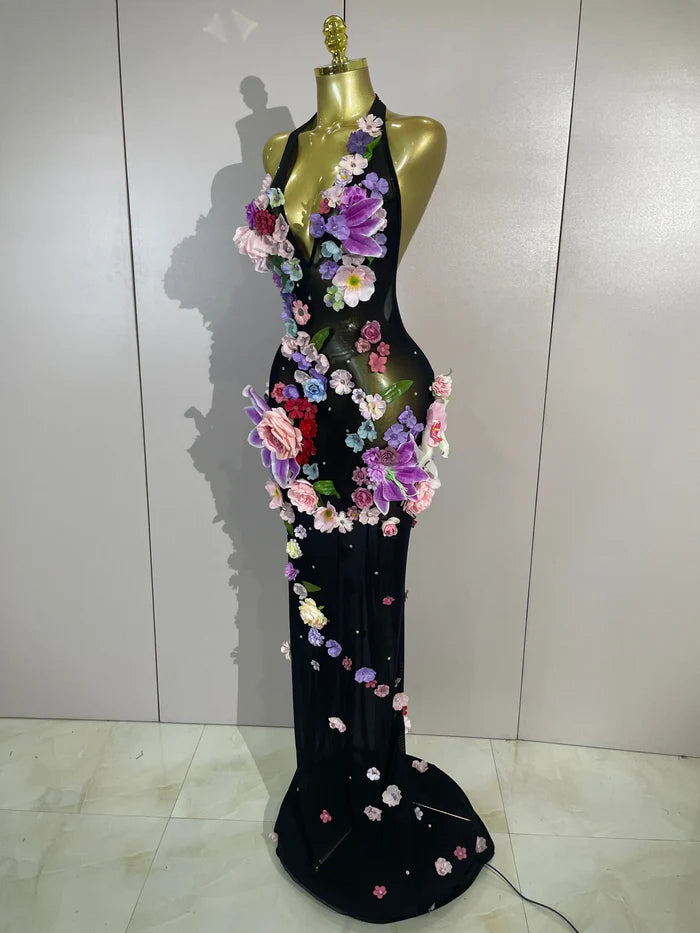 Lariza sexy halter mesh see-through long dress with sparkly diamond 3D flower detailing for evening gala styling