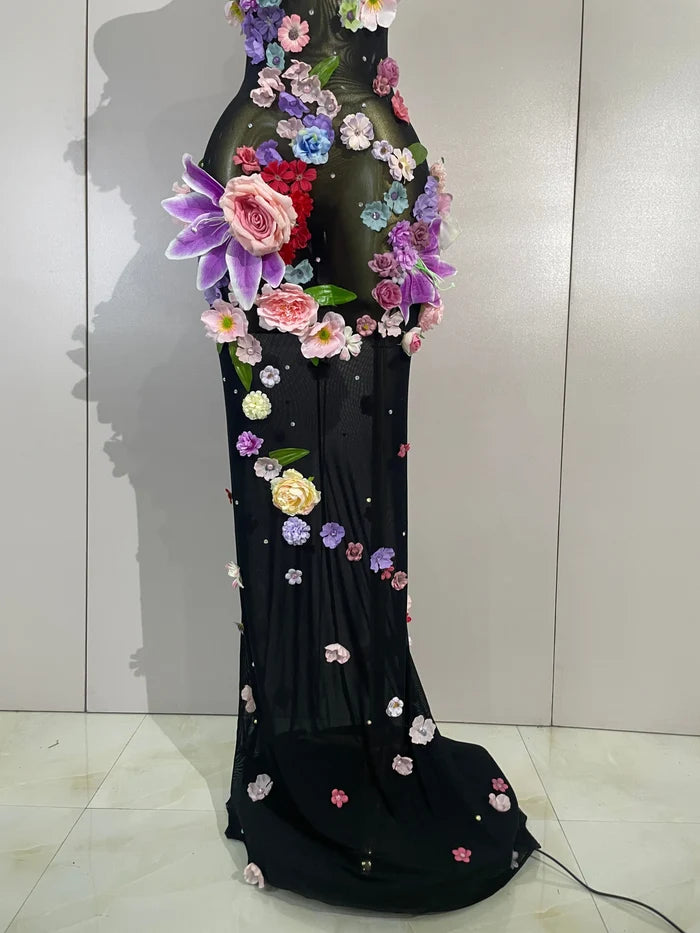 Lariza sexy halter mesh see-through long dress with sparkly diamond 3D flower detailing for evening gala styling