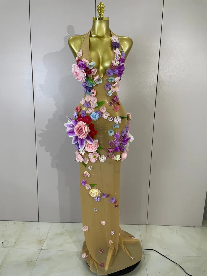 Lariza sexy halter mesh see-through long dress with sparkly diamond 3D flower detailing for evening gala styling