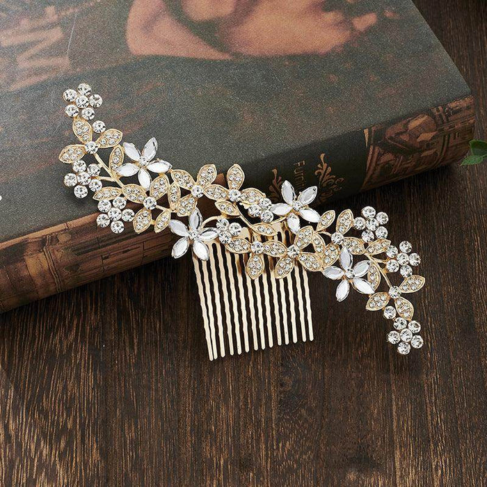 Leaf Hair Comb Alloy Five Petals Flower Rhinestone Accessories 742866021338 - COCOMELODY
