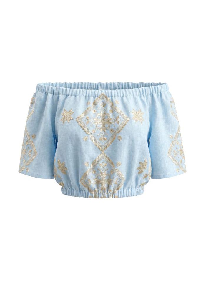 Tops Greek Archaic Kori Lefkada Crop Top Ciel/Gold Apoella
