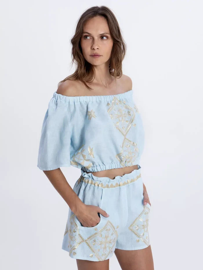 Tops Greek Archaic Kori Lefkada Crop Top Ciel/Gold Apoella