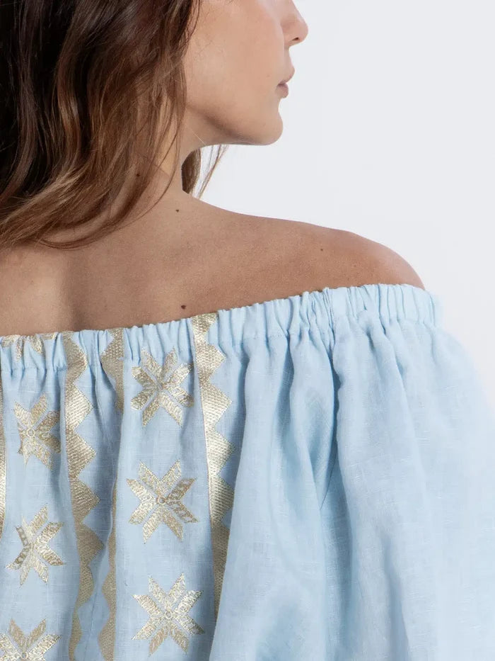 Tops Greek Archaic Kori Lefkada Crop Top Ciel/Gold Apoella