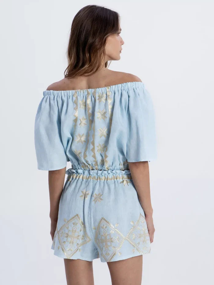Tops Greek Archaic Kori Lefkada Crop Top Ciel/Gold Apoella