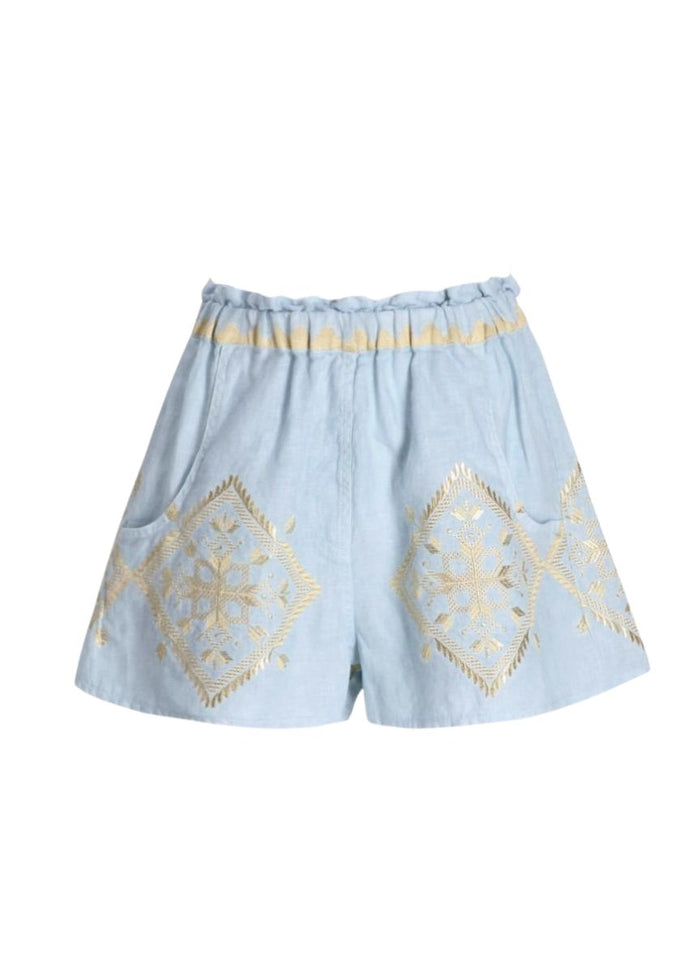 Shorts Greek Archaic Kori Lefkada Elastic Waist Shorts Ciel/Gold Apoella