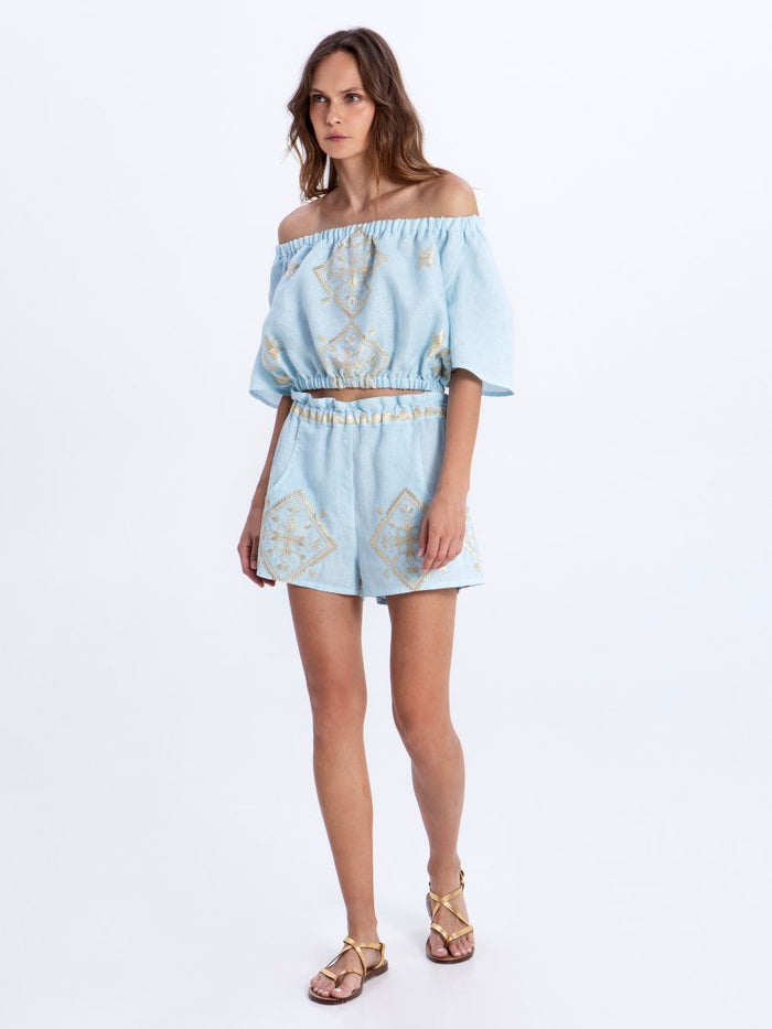 Shorts Greek Archaic Kori Lefkada Elastic Waist Shorts Ciel/Gold Apoella