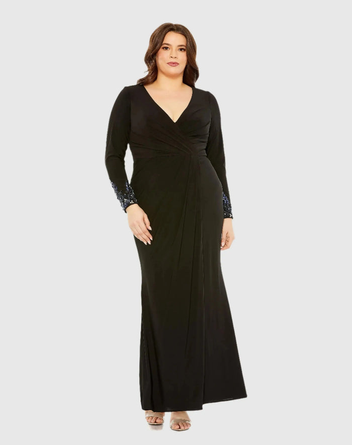 Black Long Crystal Detail Sleeve V Neck Gown - Mac Duggal