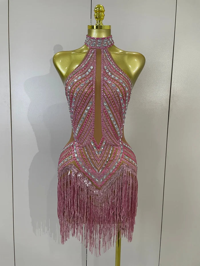 Louise luxury sparkly rhinestone tassel backless mesh mini dress for nightclub and birthday party styling