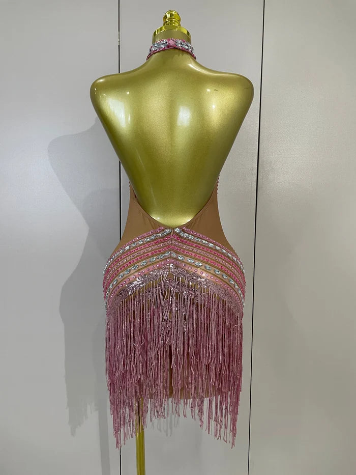 Louise luxury sparkly rhinestone tassel backless mesh mini dress for nightclub and birthday party styling