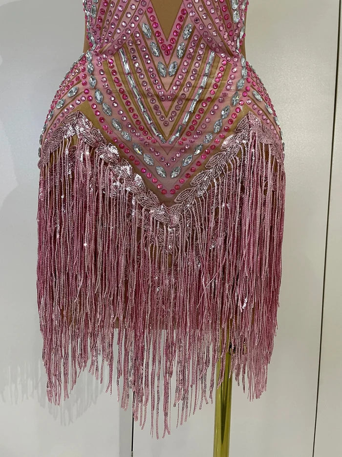 Louise luxury sparkly rhinestone tassel backless mesh mini dress for nightclub and birthday party styling