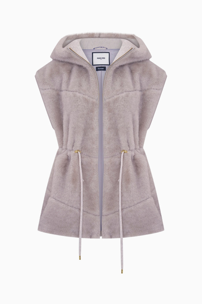 Light brown sleeveless jacket with a hood on a white background