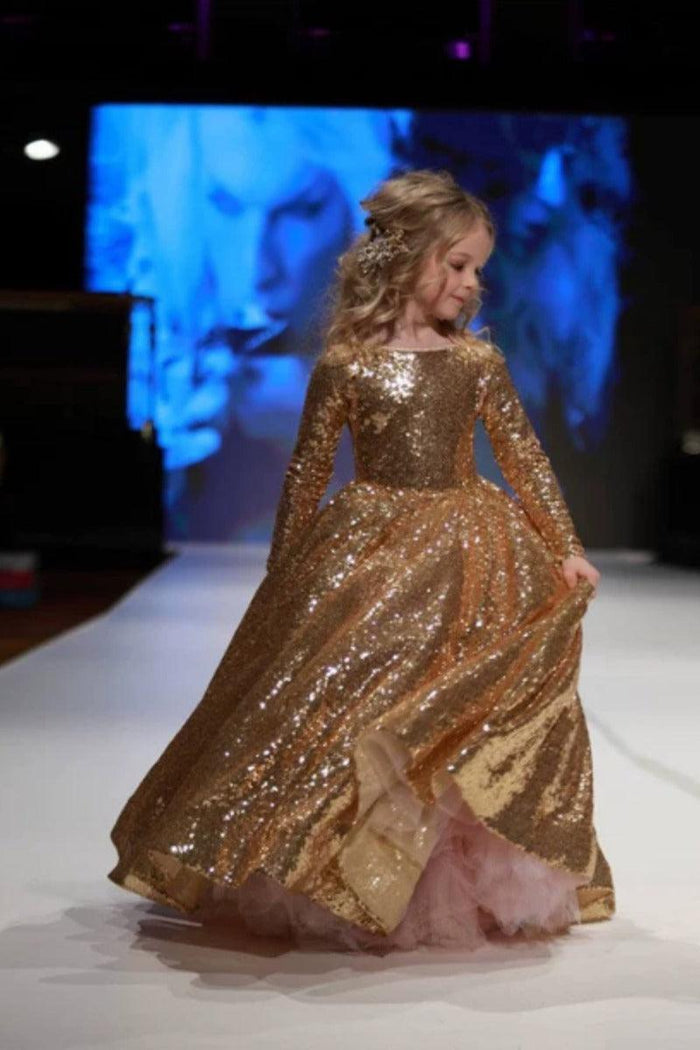 Luxury Gold Sequin Long Sleeve Round Neck Flower Girl Dresses 617778289380