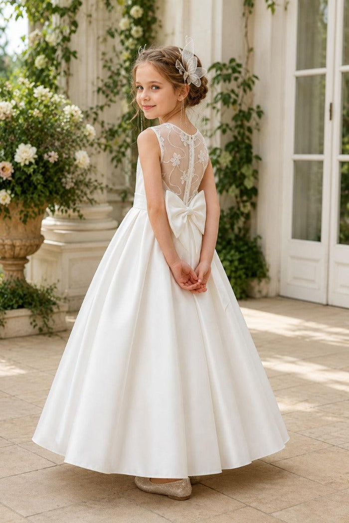 Luxury Satin Illusion Floral Mesh Back Bow Flower Girl Dresses 1042041646357
