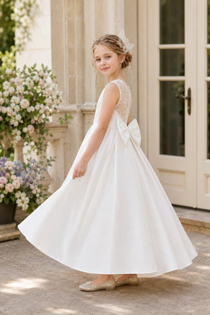 Luxury Satin Illusion Floral Mesh Back Bow Flower Girl Dresses 1042041646357