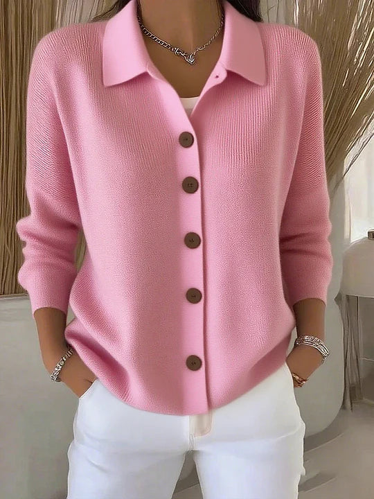 Maribel - Pink Collared Knit Cardigan with Button-Up Design