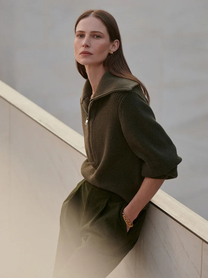 Sweater Varley Maura Half Zip Rib Knit Sweater Olive Night Apoella
