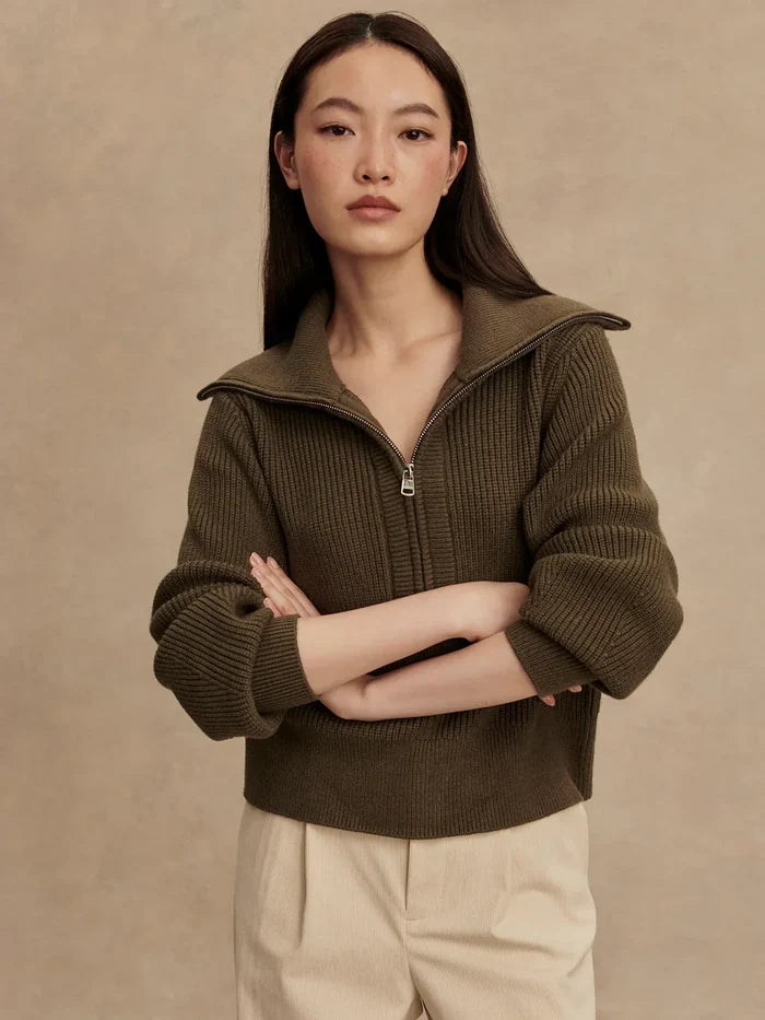 Sweater Varley Maura Half Zip Rib Knit Sweater Olive Night Apoella