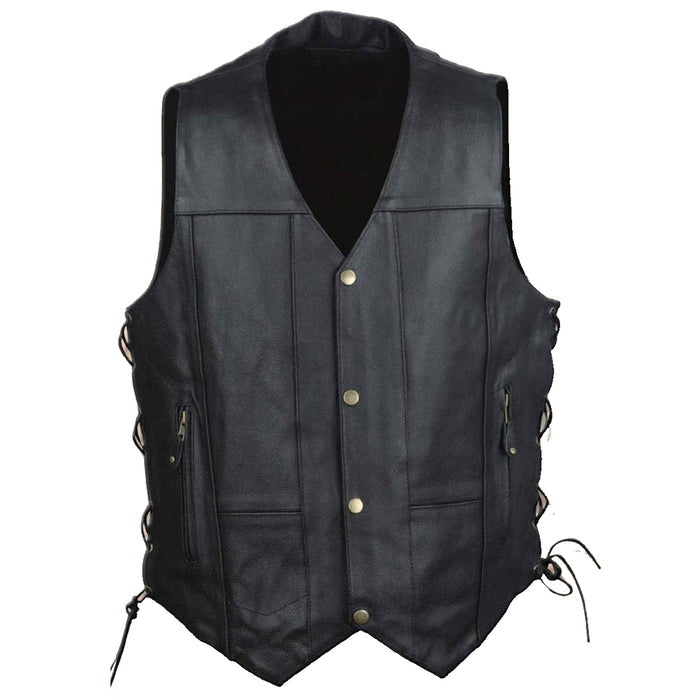 Men's 10 Pocket Vest: Features:

Promotional Grade Leather
Classic Four Snap Front Look with Side Lacing Detail
Two Lower Fro