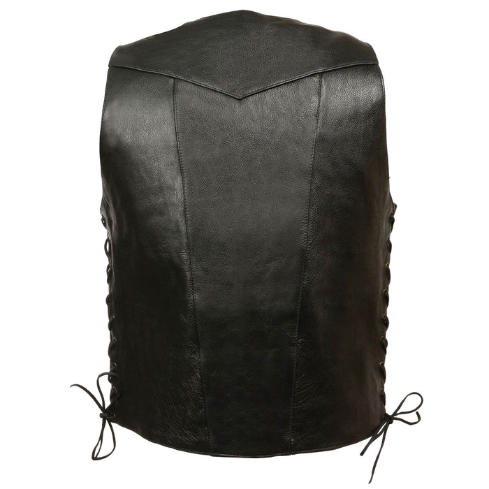 Men's 10 Pocket Vest: Features:

Promotional Grade Leather
Classic Four Snap Front Look with Side Lacing Detail
Two Lower Fro