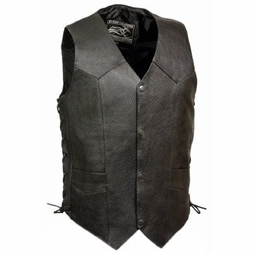 Men's Basic Side Laced Vest: Features:

Promotional Grade Leather
Classic Four Snap Front Look
Two Lower Front Coin Pockets w
