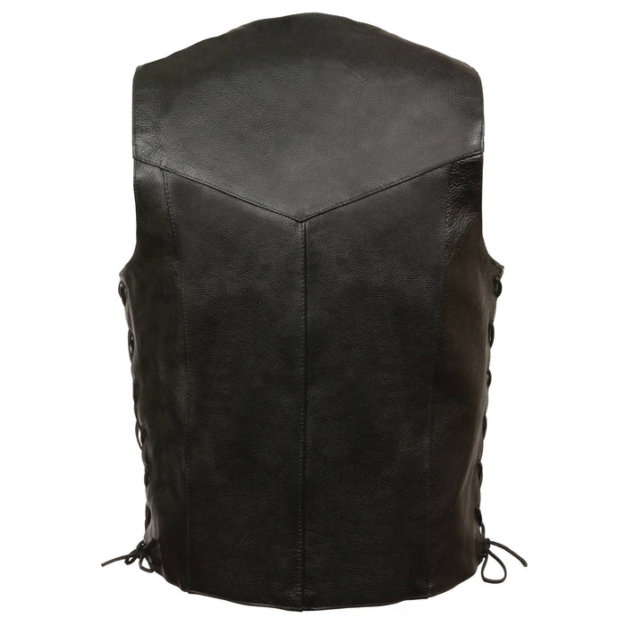 Men's Basic Side Laced Vest: Features:

Promotional Grade Leather
Classic Four Snap Front Look
Two Lower Front Coin Pockets w